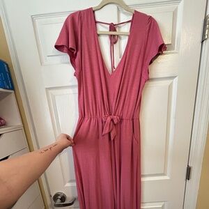 Pink V- Neck Jumpsuit with pockets
